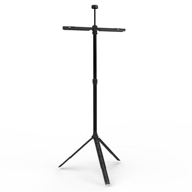 Black adjustable tripod stand on a white background fully extended to over 5 feet with telescoping feature.