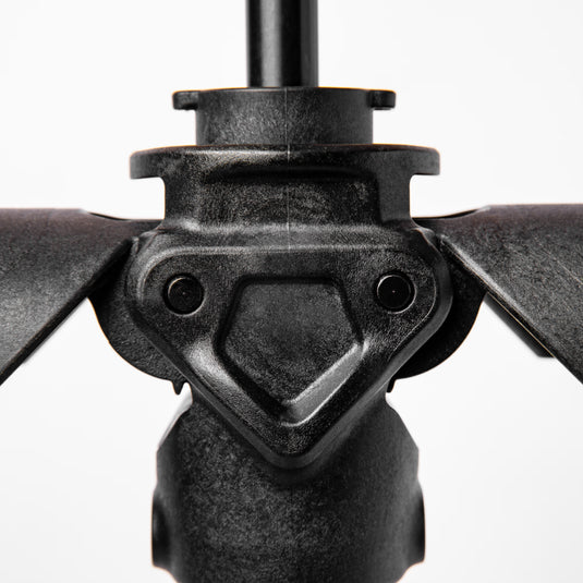 Close up profile view of upper yoke of SWIFT OG portable gearstand, showing nickel-plated pins on white background.