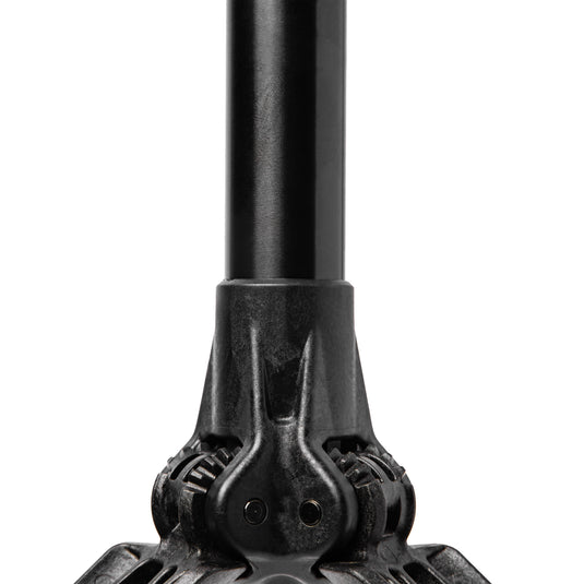 Close up profile view of lower yoke of SWIFT OG, showing gearing and post-milled extruded aluminum spine on white background.